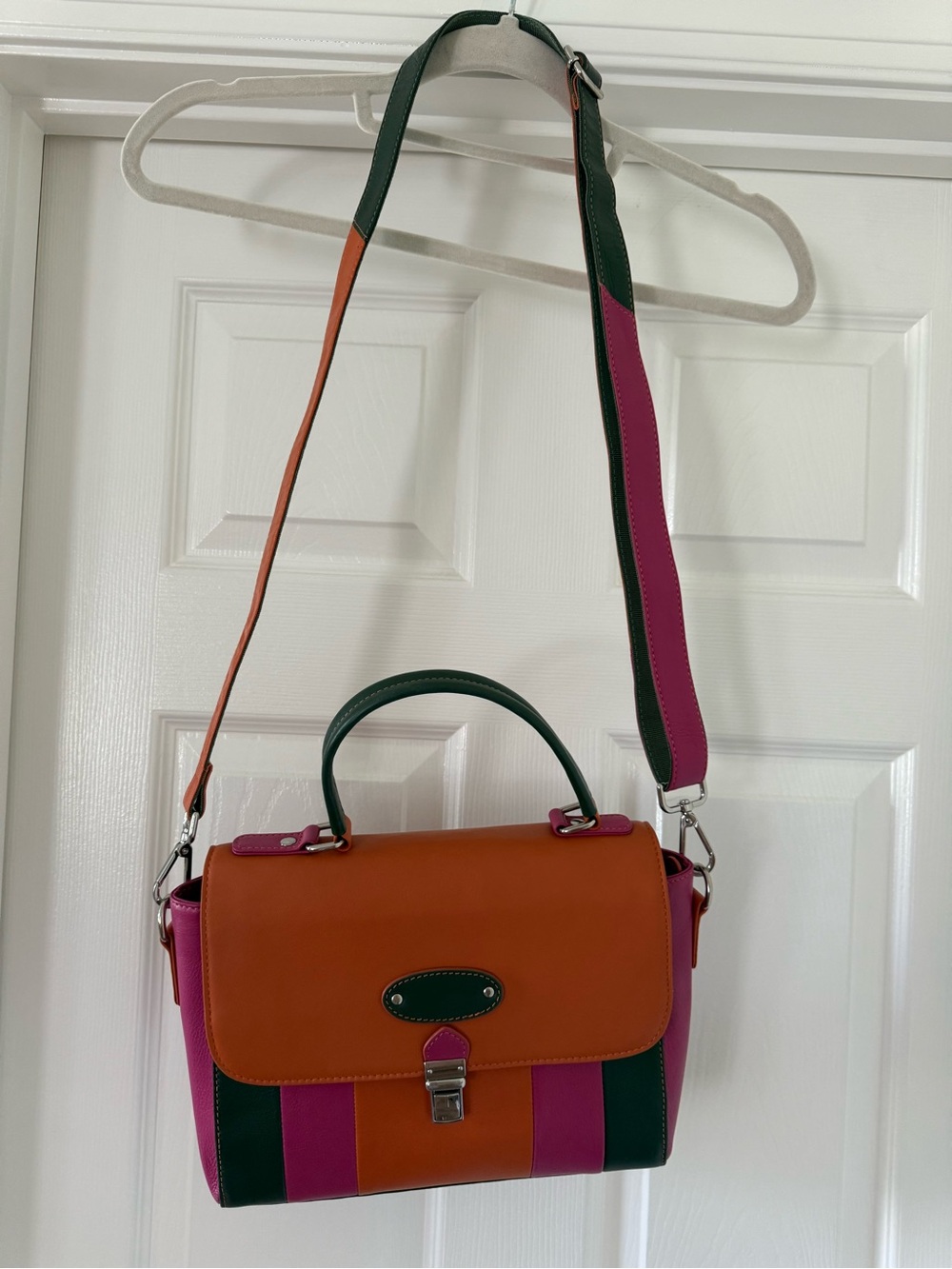 Italian made Colorblock Leather Satchel in Orange, Pink & Green